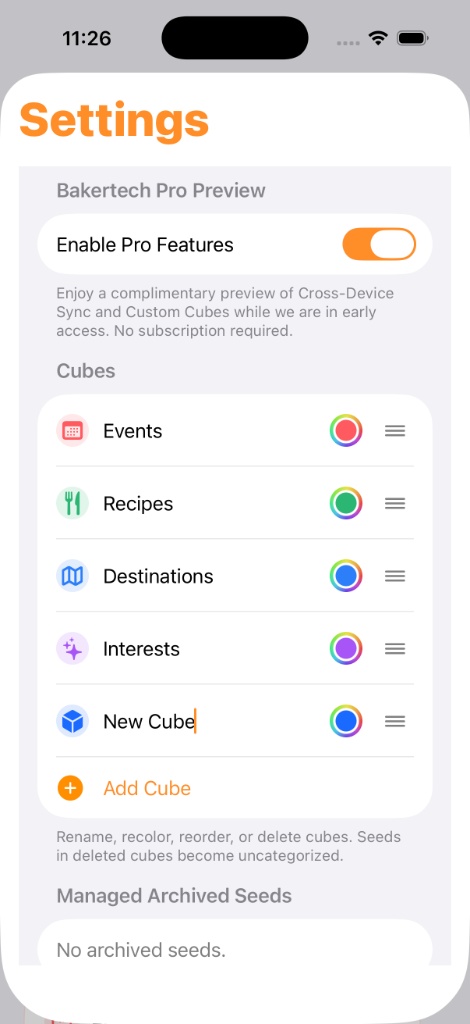 Cube management screen with project categories