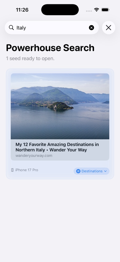 In-app search results showing seeds and transcriptions